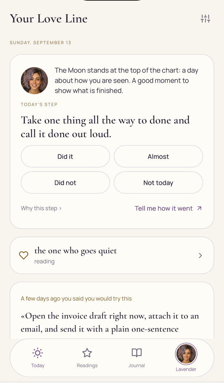 The Today screen in the app: the line of the day, today’s step and four answers